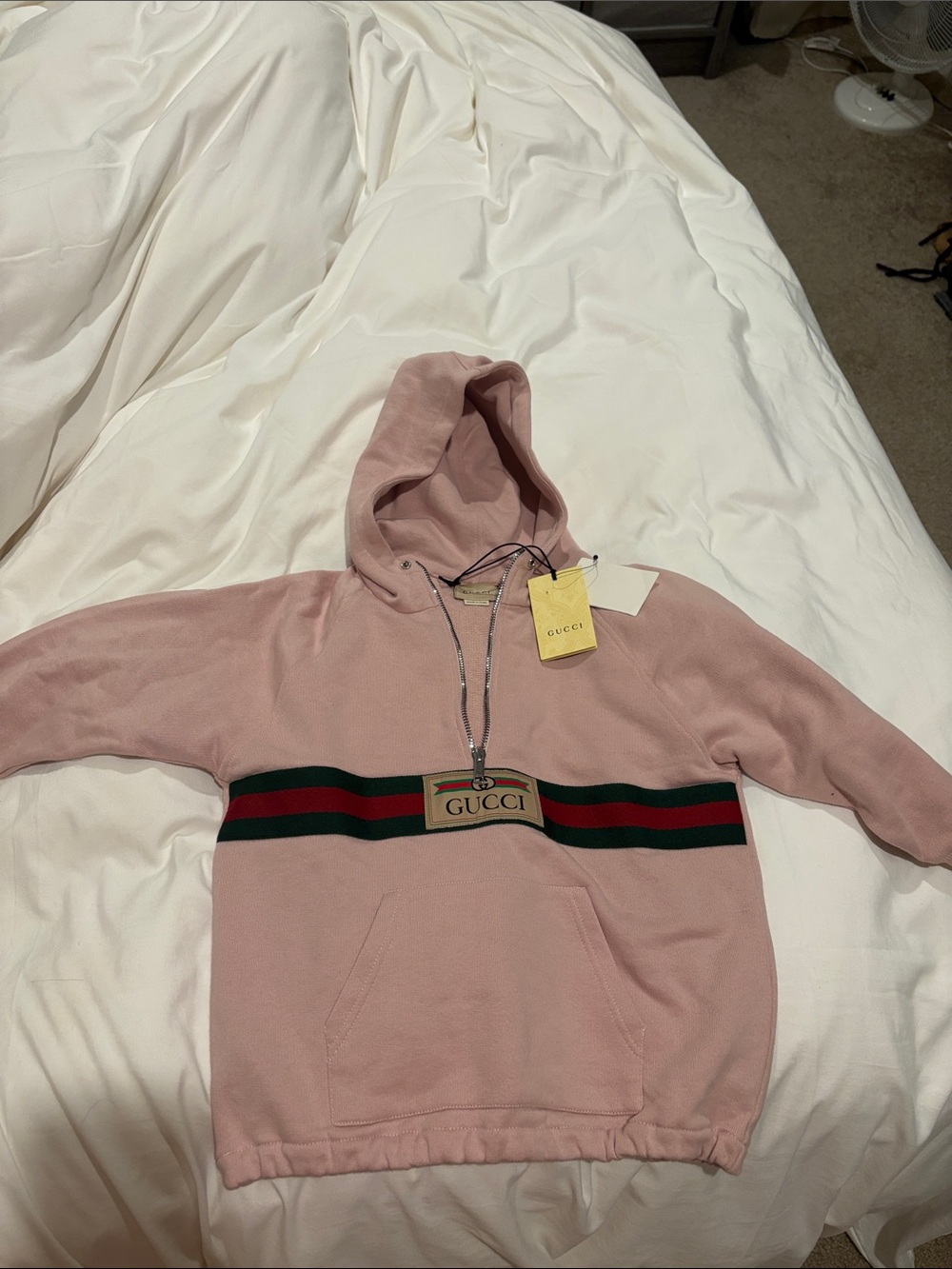 Kids Gucci Pink Hoodie with Signature Green-Red Web Stripe
